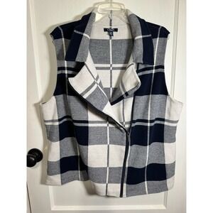 Chaps Sleeveless Sweater Vest, Navy & White Plaid & Asymmetrical Zipper, Size 2X